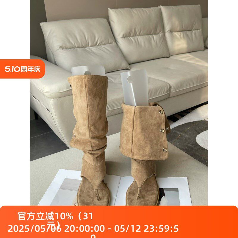 2024夏季新款两穿夹趾凉靴女平底夹脚凉鞋内增高短靴辣妹中筒靴子