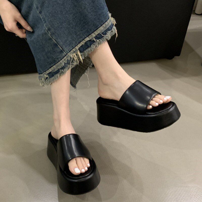 不累脚增高凉鞋7CM坡跟高跟鞋防水台松糕厚底软底外穿沙滩拖鞋女