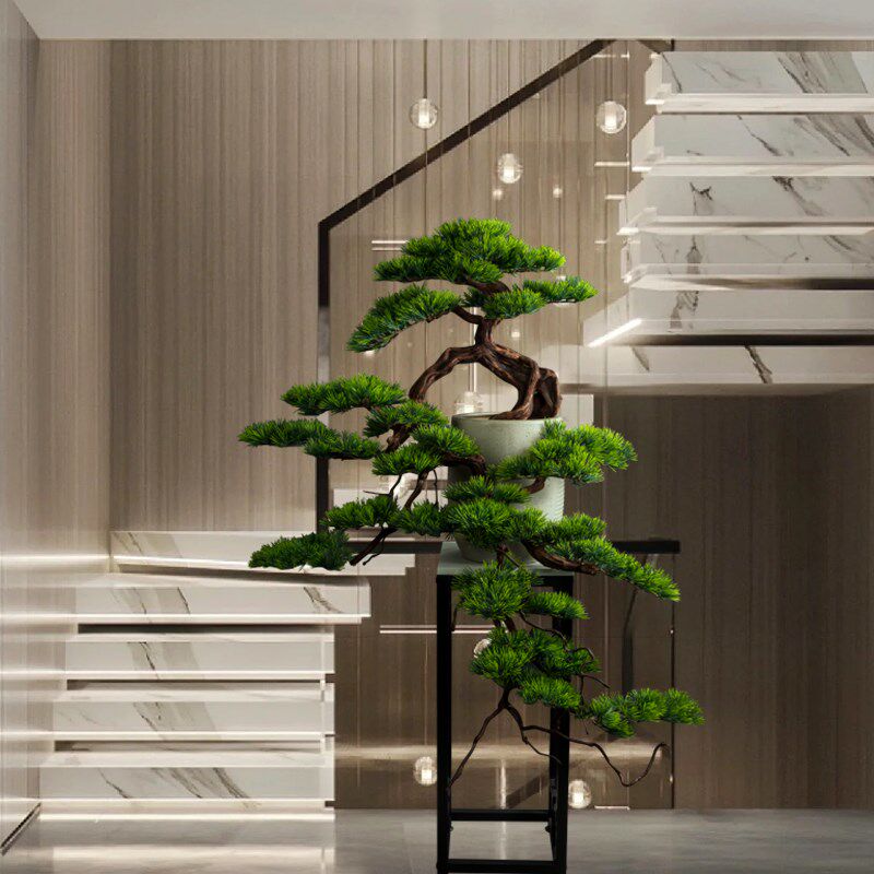 客厅实木仿真迎客松客厅绿植黑松盆E景中餐厅五针松植物罗汉松摆