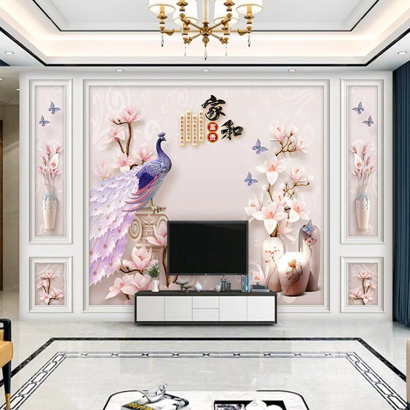 孔雀五宫格自带边框电视背景墙壁纸客F厅墙纸8d壁画影视墙装饰墙