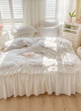 春夏仙女白色全棉床单被套水洗棉床上四件套公主风荷叶边床品