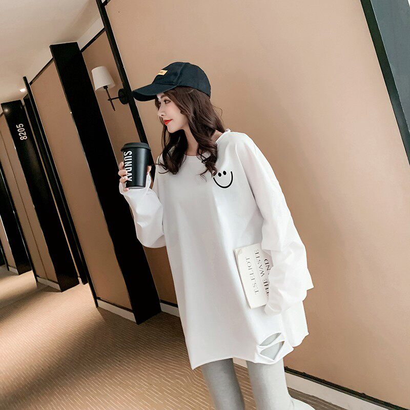 大码欧货版打底衫女磨毛t恤秋冬胖mm200斤洋气宽松U网红白色长袖