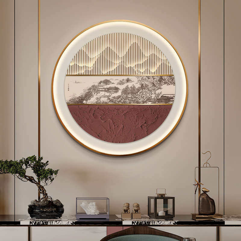 新中式圆形玄关走廊过道装饰画风景浮雕灯光画客厅沙发背景墙壁