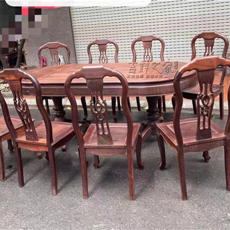 老挝大红酸枝素面餐桌九件套 酸枝木圆桌 红木餐台住宅家具