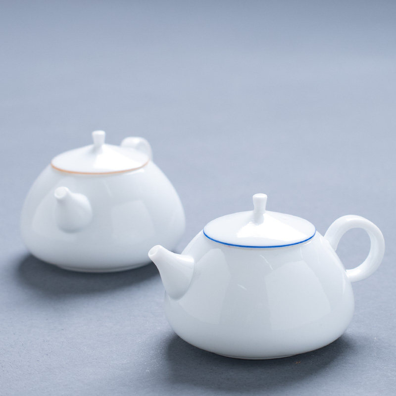 蓝边甜白釉白瓷茶壶单壶过滤圆球陶瓷小号迷你单个手X把壶功夫茶