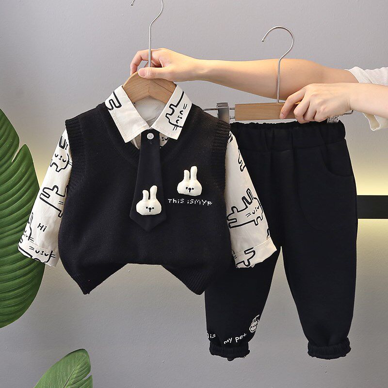 男童春秋款套装时髦儿童长袖衬衫帅气宝宝秋装毛衣马甲休闲三件套