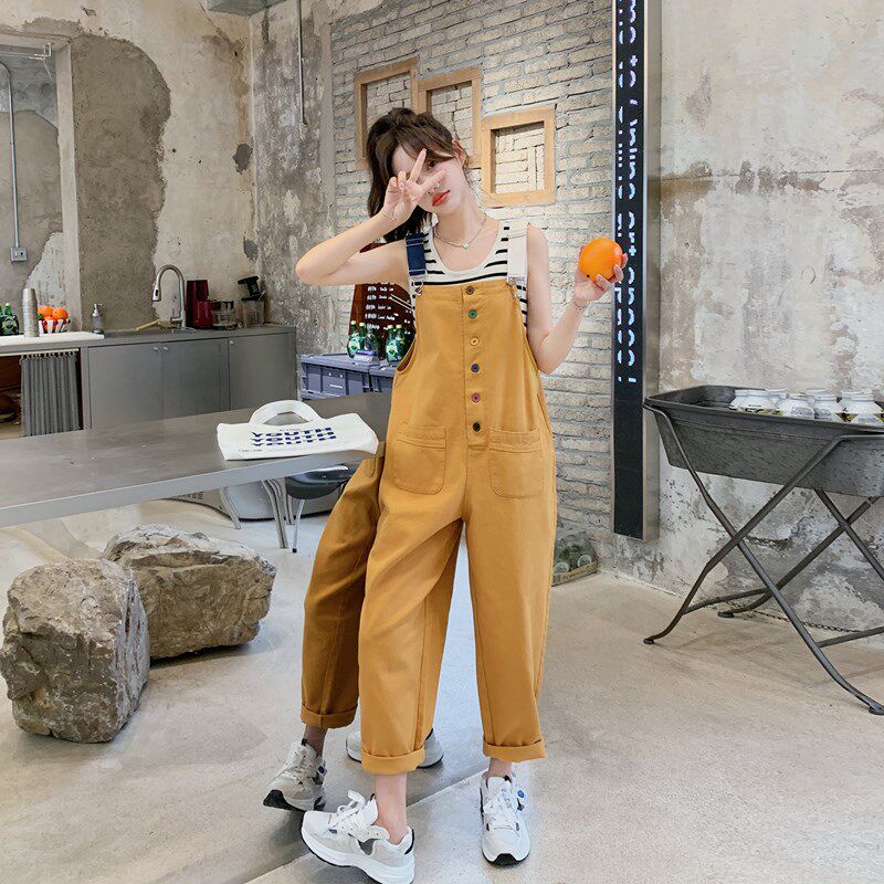 工装黄色抱d婴袋裤女夏薄款2025新款春秋韩版宽松孕妇小个子连身