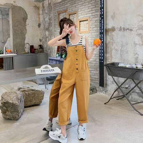 工装黄色抱d婴袋裤女夏薄款2025新款春秋韩版宽松孕妇小个子连身