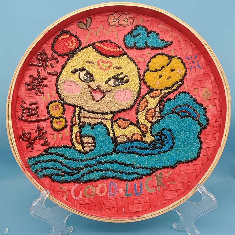 五谷杂粮黏贴画 竹筛画 粮食画 豆子画材料包 蛇年主题手工36cm