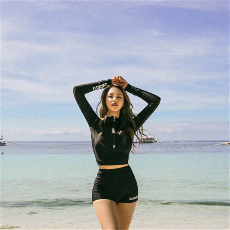 泳衣女分体式两件套学生少女粉色运动款平角长袖防嗮拉链遮肚显瘦