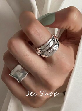 Jes Shop磨砂雾面戒指时尚宽面不规则缠绕个性开口指环气质食指戒