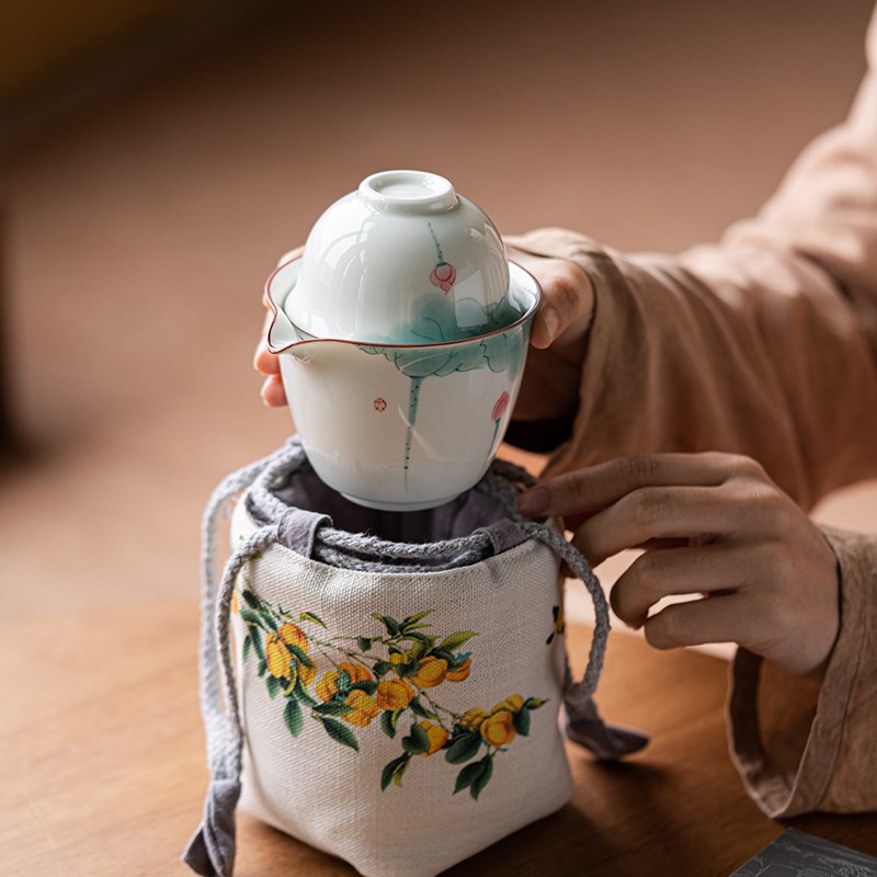 草木灰手绘d荷花快客杯一壶二杯功夫旅行茶具便携式收纳包旅游