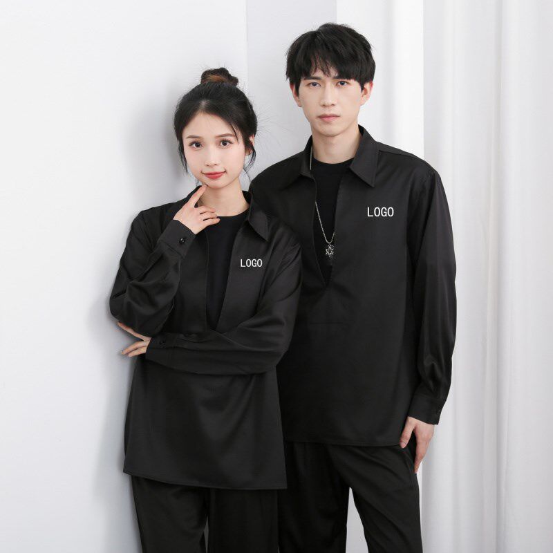 酒吧发型师理发店廊时尚商务美发师秋冬长袖衬衫工作服男定制logo