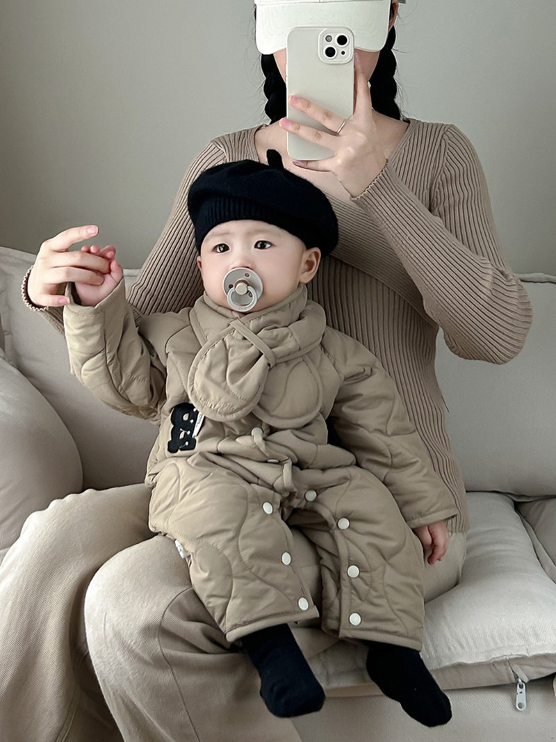 婴儿连体衣冬装绗棉外出棉服韩版男童宝宝加绒保暖棉衣.爬服送围