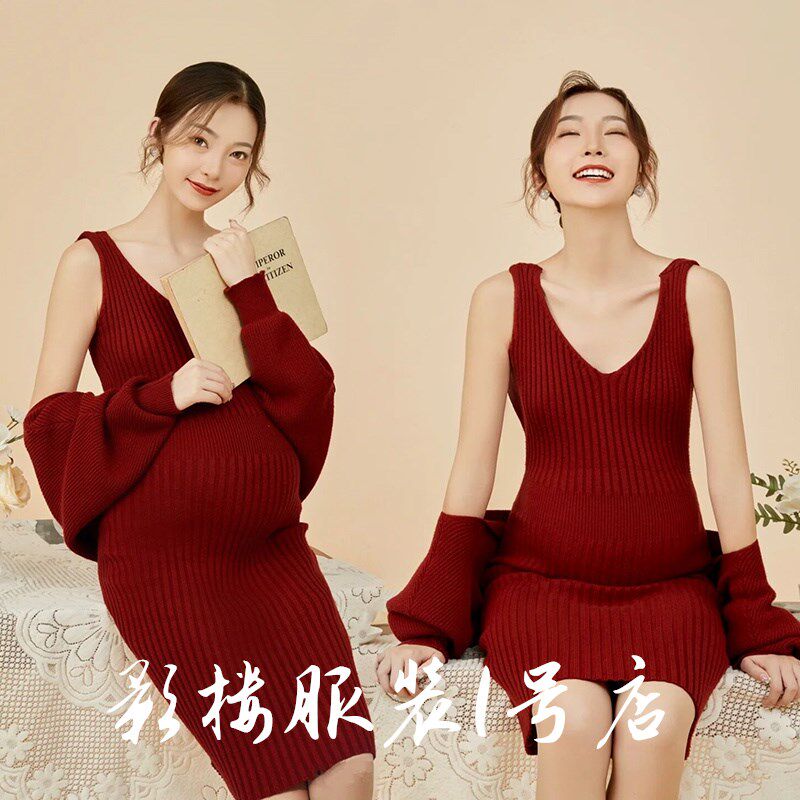 新款影楼孕妇拍照服装圣s诞节主题新年红色毛衣情侣套装摄影居家