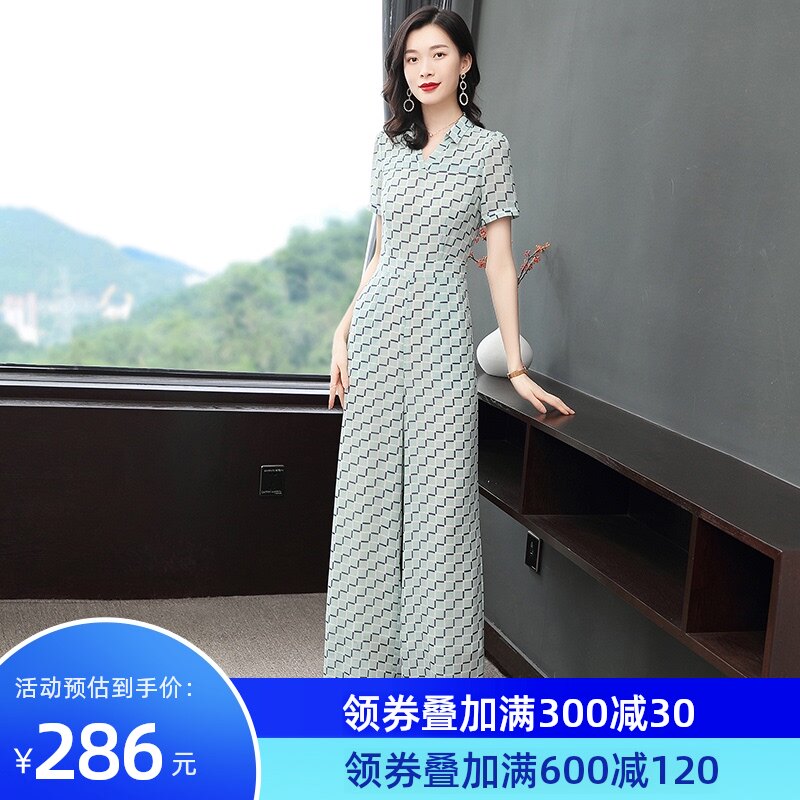 连体裤女2021款双层雪纺名媛连衣F几何阔腿裤套装气质2080