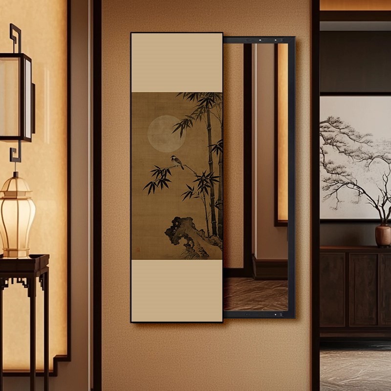中式竹画挂画入口入口到门隐形梳妆镜壁T画可推拉全身镜