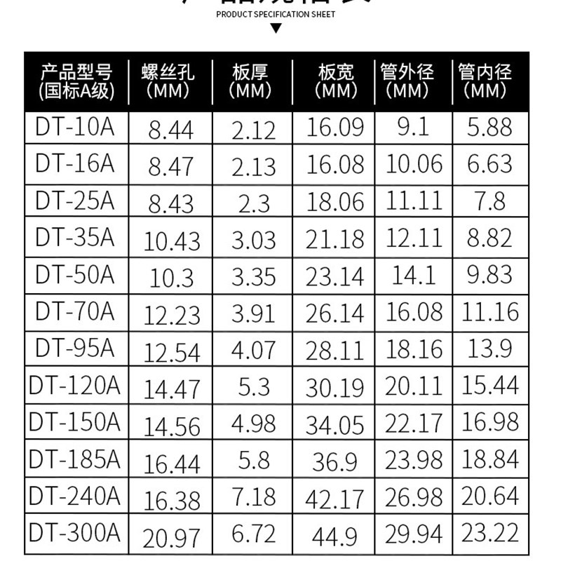 铜鼻子DT50接耳线接线端子电缆铜酸洗堵油接头OT开口鼻线冷压圆形