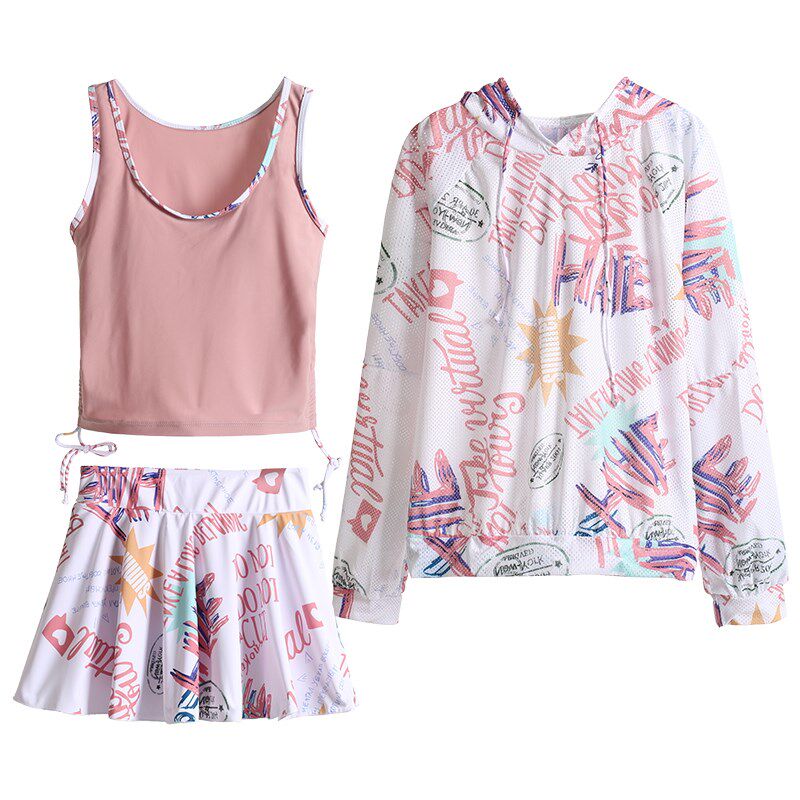 泳衣女2025夏季新款学生大码分体裙式长袖保守运动泳装女孩三件套