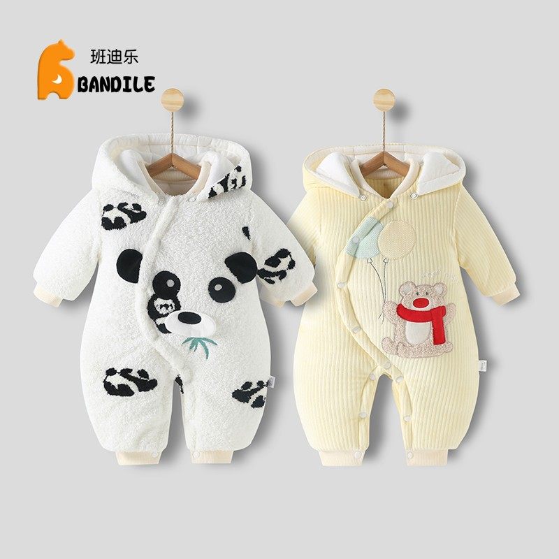 婴儿连体衣加厚棉新生儿秋冬天保暖外出服男女宝可脱卸帽偏襟哈衣