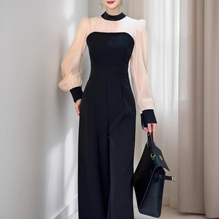 2025年秋季新款时尚长袖连体裤套装F女气质名媛收腰显瘦连衣阔腿