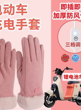 电动车充电加热手套女粉色锂电A车冬季骑行保暖加厚防寒暖手可触