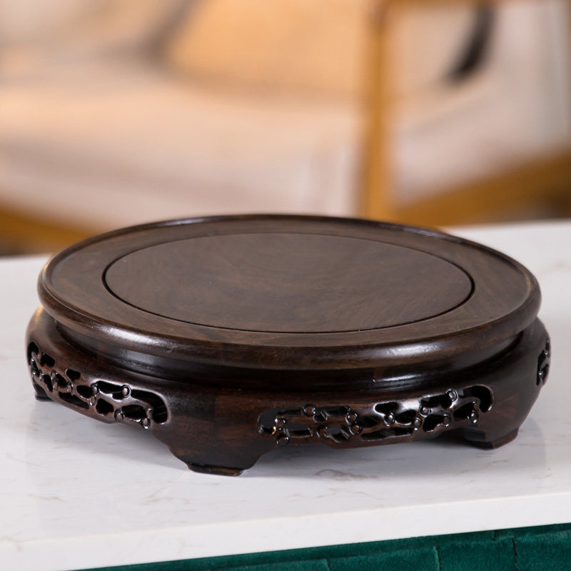 黑檀木实木圆形底座花瓶花盆鱼缸奇石摆件茶壶红木木制工艺品托架