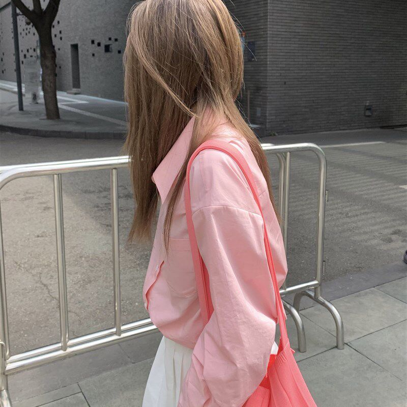 大美老树150粉色小衬衫灯笼袖韩式少女粉色长袖U春秋季甜美衬衫
