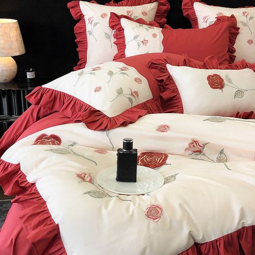 新婚四件套超柔水洗棉结婚花卉被套陪嫁喜庆中式床单床上用品