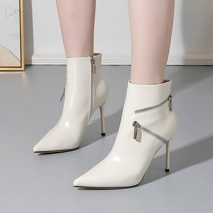 法式尖头细跟高跟女鞋p2024秋冬新款米色侧拉链装饰时尚百搭女靴