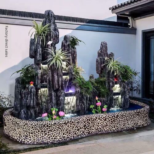 大型假山流水喷泉瀑布景观室外别墅庭F院花园室内大厅落地式景观