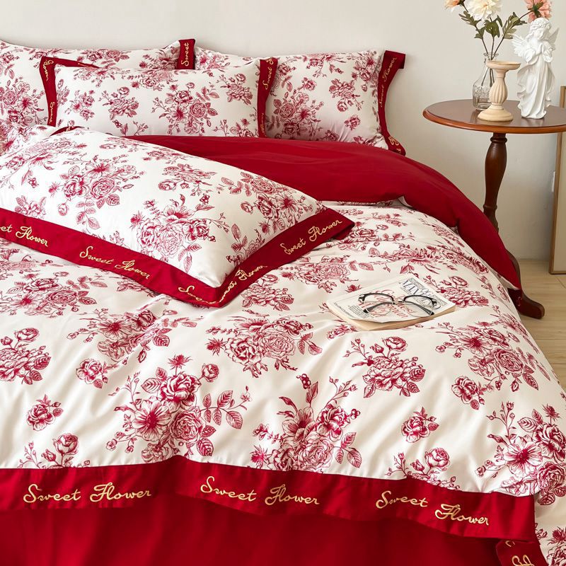 奢华欧式婚庆四件套大红色床单被套新婚全棉结婚床上用品