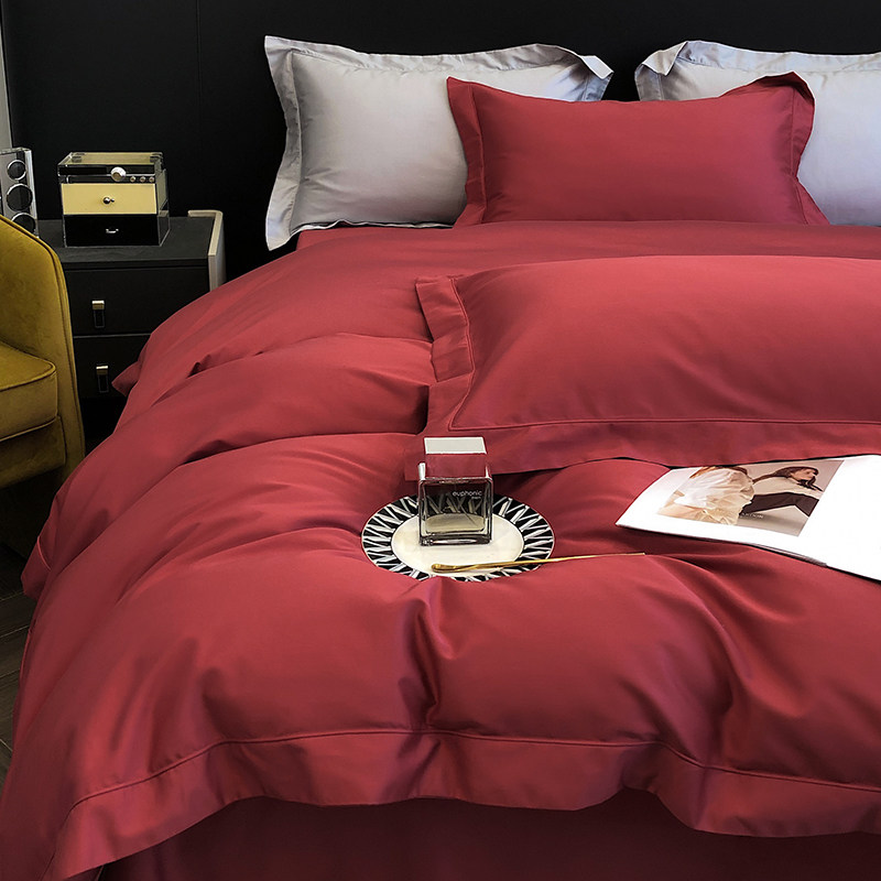 高级感酒红色140支长绒棉喜被四件套结婚女方陪嫁新婚庆床品