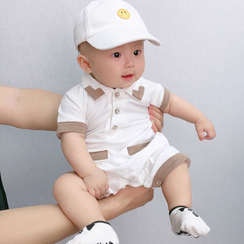 新生婴儿夏季连体衣英伦风男女宝宝半袖哈衣帅气套头网红爬服