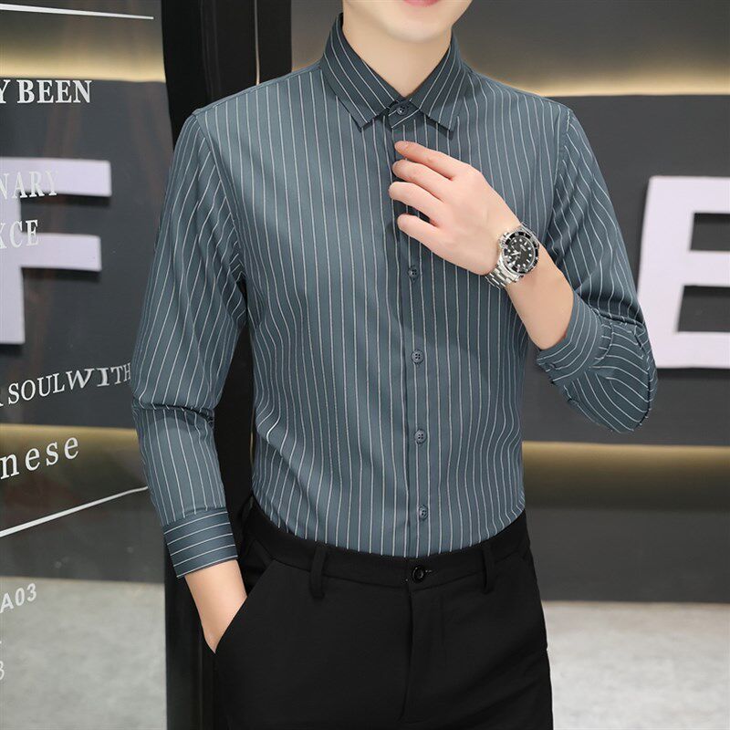竖条纹衬衫男长袖商务中年爸爸装成熟男人宽松防皱垂坠感衬衣