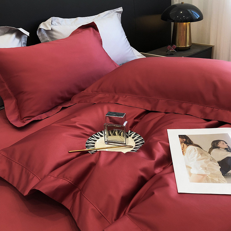 高级感酒红色140支长绒棉喜被四件套结婚女方陪嫁新婚庆床品
