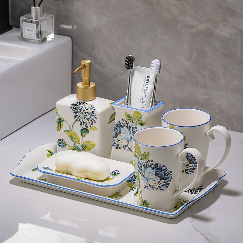 美式家用卫生间陶瓷漱口杯套装酒店民宿洗漱杯套件刷牙杯浴室牙具