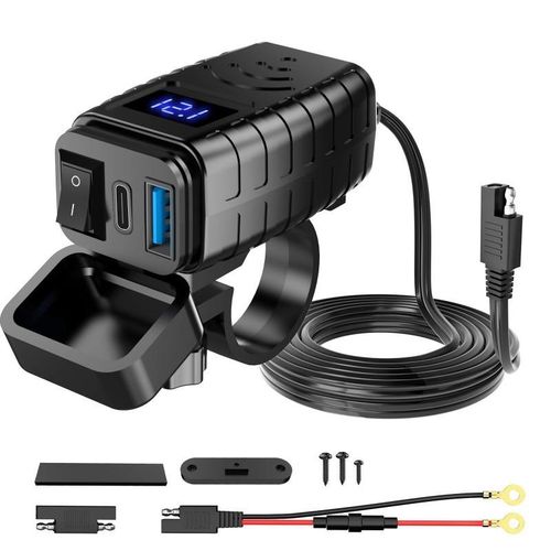 改装机车PD3.0+QC3.0手机充电器快充电压数Q显表支架带开关防水