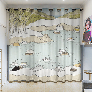 卧室客厅挂钩遮光打孔窗帘布 浮世绘猫咪卡通定制粗麻长帘插画个性