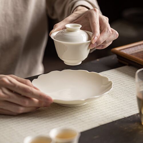 杏白釉手工家用高脚葵口壶承干泡台养壶茶承小型蓄V水茶盘紫砂壶