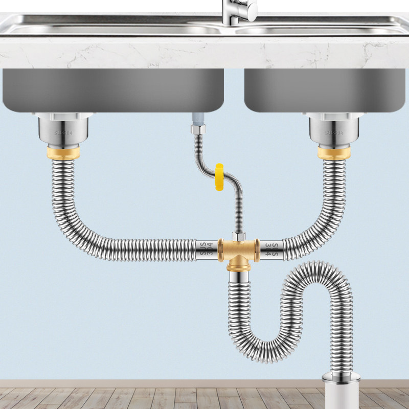 三连槽不锈钢下水管饭店商用双槽加长排水管食堂三眼水池防臭套装
