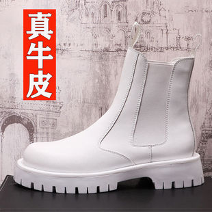 春款马丁靴工装靴厚底中筒男厚底增高休闲鞋白色高帮鞋短靴子