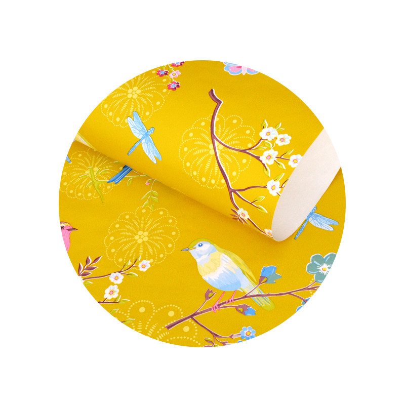 美式墙纸田园花鸟小清新碎花壁纸蓝色黄色简约现代客厅背景墙卧室
