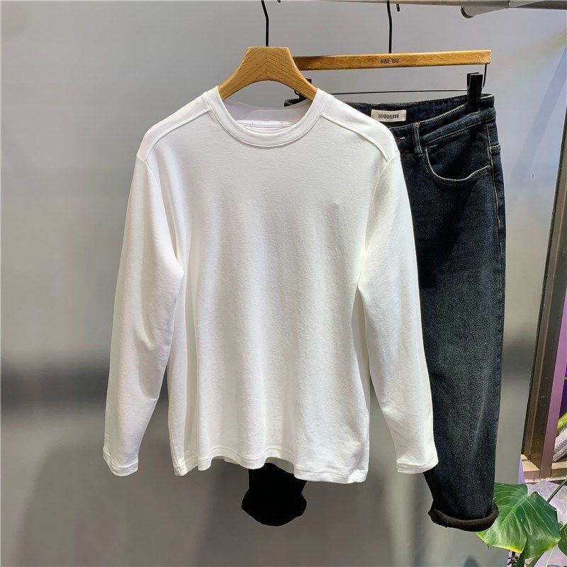 秋冬男士高级感韩版亲肤纯色白色打底衫潮流时尚宽松垂感长袖T恤