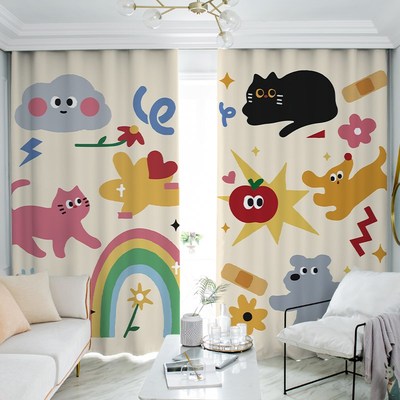 卧室窗帘全遮光2024年新款客厅可爱卡通免打孔安装遮阳布帘挂钩式