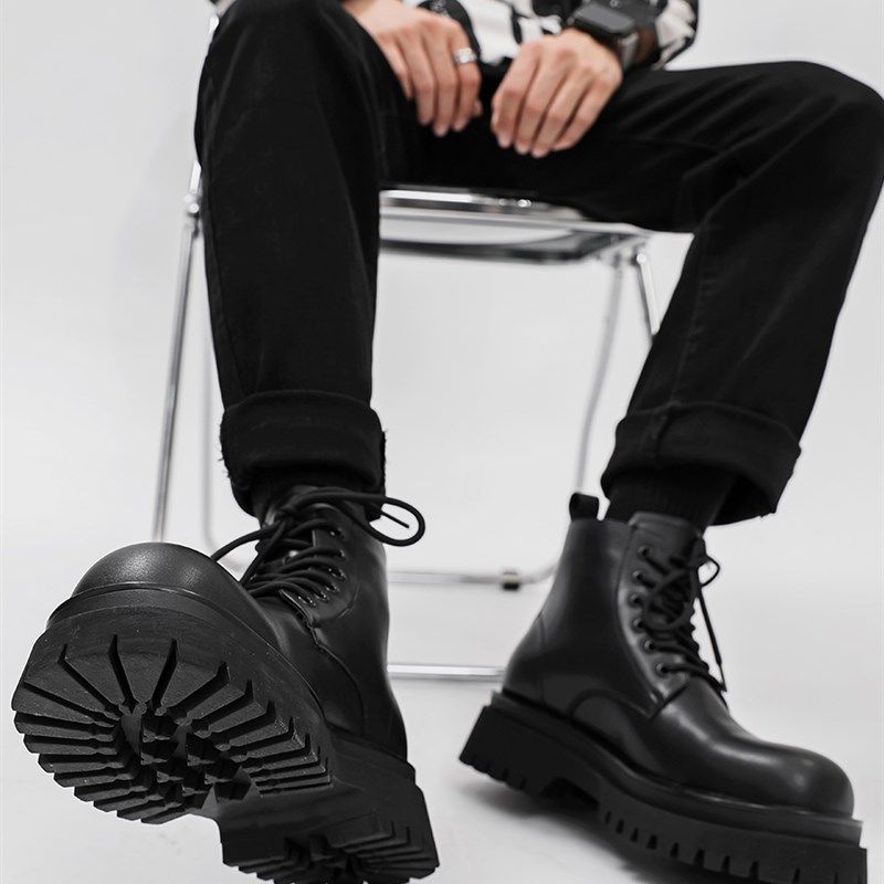 马丁靴男款冬季加绒高帮皮鞋英伦风男士靴子厚底增高黑色中帮短靴