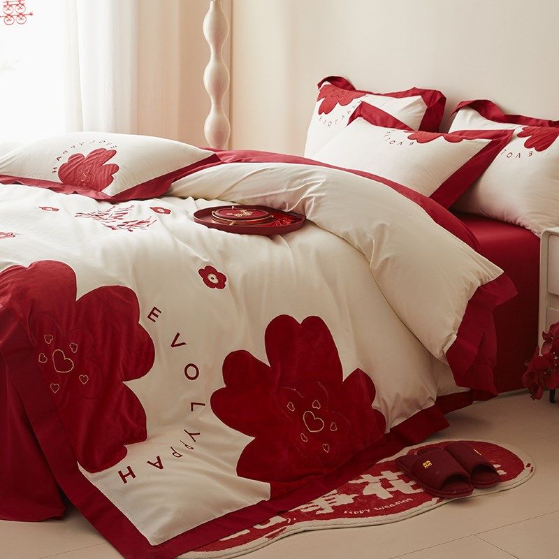 红色结婚四件套喜庆被套全棉床单婚庆陪嫁床上用品新婚嫁