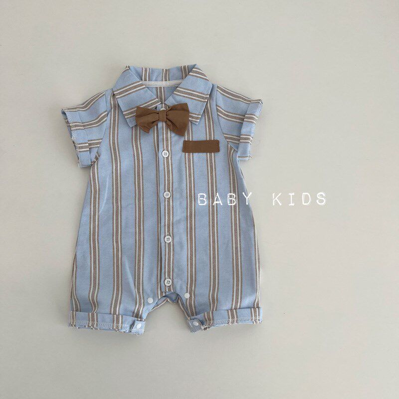 夏季男宝宝满月帅气条纹领结衬衫婴幼儿百天周岁外出连体衣爬服潮