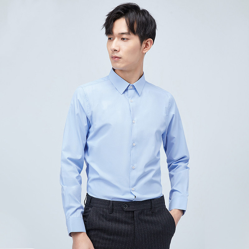 春秋衬衫男免熨烫抗m皱职业正装长袖加绒G加厚保暖蓝黑色寸衫白色