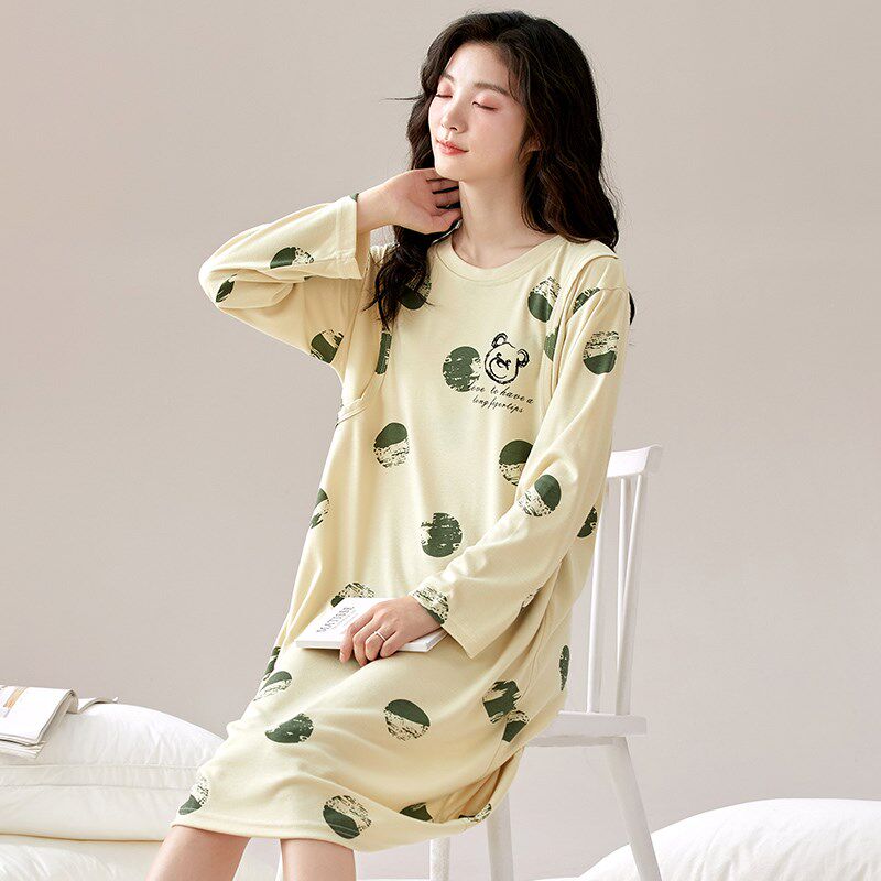 睡裙女春秋新款长袖大码怀孕期孕妇产后哺乳喂奶月子裙家居服